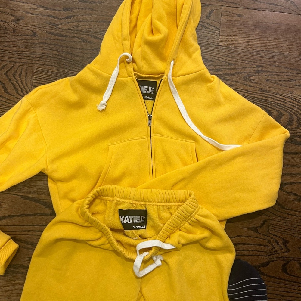 Katie J NYC Yellow Zip Hoodie and sweatpants with White Drawstrings